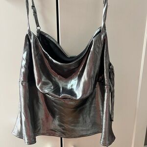 Metallic Silver Shiny Cowl Neck Tank Top